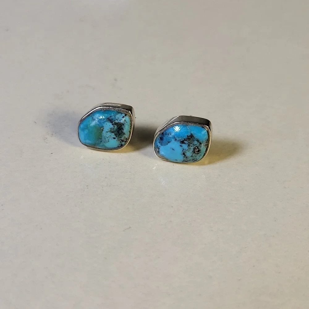 925 Sterling Silver Turquoise Bezel Stud Earrings Vintage Blue Marked